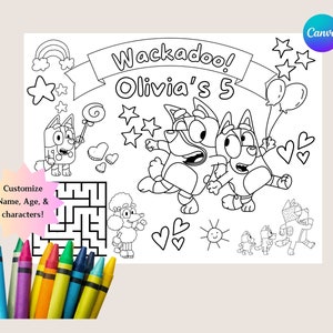 Bluey Birthday Coloring Pages - Canva Template - Kids Party Favours - Personalize DIY Bluey Theme Activity - Blue Dog Party