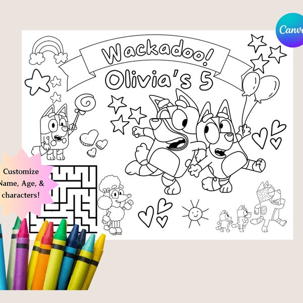 Bluey Birthday Coloring Pages - Canva Template - Kids Party Favours - Personalize DIY Bluey Theme Activity - Blue Dog Party