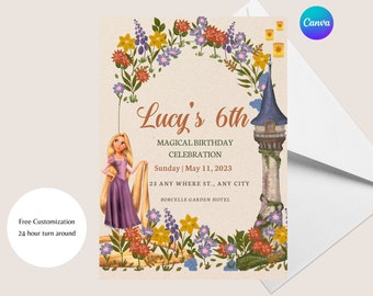 Rapunzel Tangled Birthday Party Invitation - Canva Template - Disney Princess Rapunzel Invitation - Tangled Theme Birthday Invitation