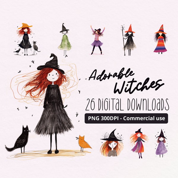 Adorable Witch Illustrations - 26 PNG's, Clipart, Commercial Use, 300dpi, cute, funny, halloween, spooky, witches, women, fun, whimsical