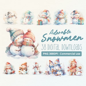 Aquarell Schneemänner: Ein Winterwunderland aus 38 PNG-Illustrationen - Kommerzielle Nutzung, 300DPI, Buchverschrottung, Niedlicher Schneemann