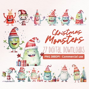 Lustige Weihnachtsmonster - 27 PNG Illustrationen - Kommerzielle Nutzung, 300DPI, Buchverschrottung, Niedlich, Winter, Urlaub, Festlich, Geschenke, Für Kinder