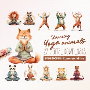 Charmante yogadieren - 27 PNG-illustraties - commercieel gebruik, 300DPI, boeksloop, Yogi, meditatie, mindfulness, afdrukbaar, Zen