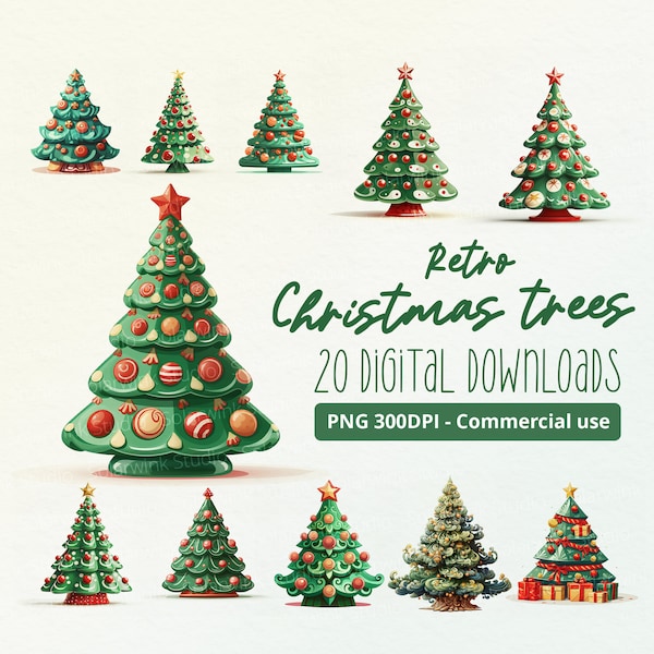 Retro Ceramic Christmas Tree Illustrations, 20 PNG's - Commercial Use, 300DPI, Book Scrapping, Vintage, Cute, Holiday, Festive