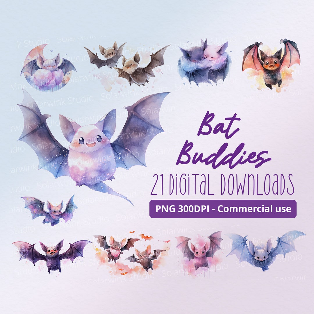 Cute Bat Buddies Watercolor Clipart – Anime Style (PNG Digital Download ...