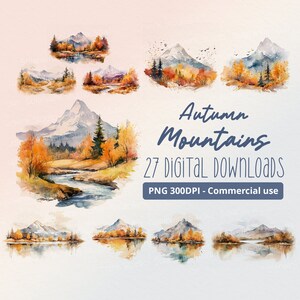 Autumn Moutains: 27 Digital Watercolor PNG Downloads for Commercial Use. Fall season, landscapes, hillscapes, trees, mountain, lake