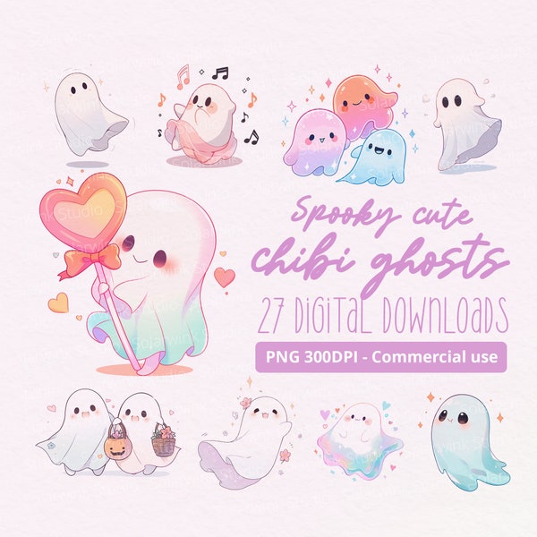 Spooky Cute Chibi Ghosts - 27 PNG's, Clipart, Commercial Use, 300dpi, chibi, kawaii, halloween, spooky, pastel, ghostly, spirit, phantom
