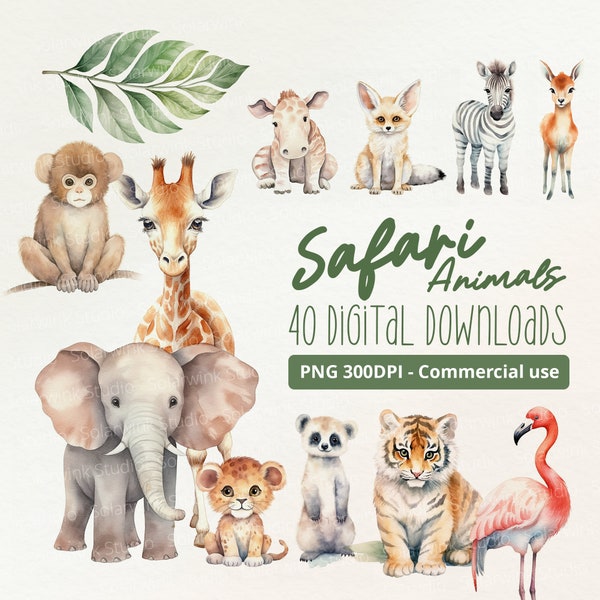 Lindo conjunto de animales de Safari - 40 PNG, acuarela, uso comercial, 300 ppp, lápiz, lindo, ilustración, divertido, peculiar, vivero, sabana