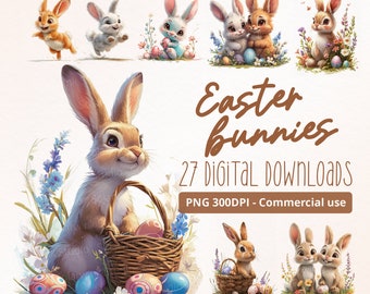 Adorable Easter Bunny Digital Clipart: 27 Joyful Bunny PNG Images with Baskets & Blooms - Cute, Kids Crafts, Festive, Holiday, Watercolor