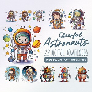 Ilustraciones alegres de astronautas - 22 PNG, imágenes prediseñadas, uso comercial, 300 ppp, lindo, divertido, espacio, galaxia, aventura, droide, diversión, caprichoso