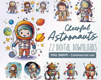 Cheerful Astronaut Illustrations - 22 PNG's, Clipart, Commercial Use, 300dpi, cute, funny, space, galaxy, adventure, droid, fun, whimsical
