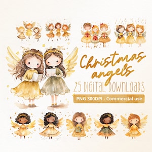 Adorabili angeli di Natale 25 illustrazioni ad acquerello PNG - Uso commerciale, 300DPI, Rottamazione di libri, Carini, Angelici, Spirito invernale, Canti natalizi
