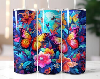 Tumbler Wrap Butterflies Design, 20 oz Skinny Tumbler Sublimation Design, Straight And Tapered Tumbler Wrap, Instant Digital Download PNG
