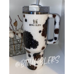 Cow print Stanley, Cowprint, Custom Tumbler, Glitter Tumbler, Cowhide, Custom Stanley, Stanley 40oz Tumbler, Handle Tumbler, Glitter Stanley