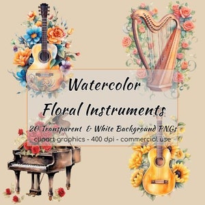 Aquarel bloemen instrumenten clipart, bloemen gitaar, bloemen bruiloft instrumenten, bruiloft clipart, muziek clipart, aquarel bloemen