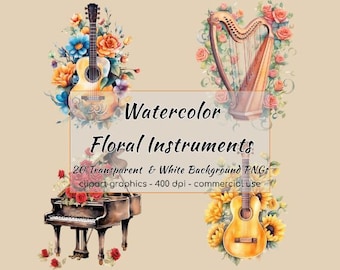 May include: Watercolor illustrations of musical instruments with floral accents. A guitar with a floral design, a harp with pink and white flowers, and a grand piano with red roses. The text "Watercolor Floral Instruments" is displayed above the images.