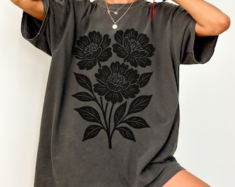 Comfort Colors Linocut Peonies T-Shirt: Vintage Floral Tee