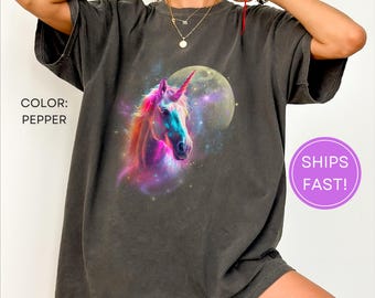 Vintage Unicorn Graphic Tee: Retro Moon Design, Washed Style