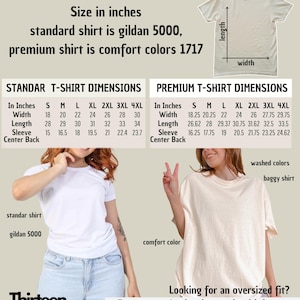 May include: Unisex t-shirt size chart in inches for Gildan 5000 and Comfort Colors 1717 brands. The chart shows width, length, sleeve length, and center back measurements for sizes S through 4XL. The chart also includes a note that for an oversized fit, choose two sizes larger than the one you wear.