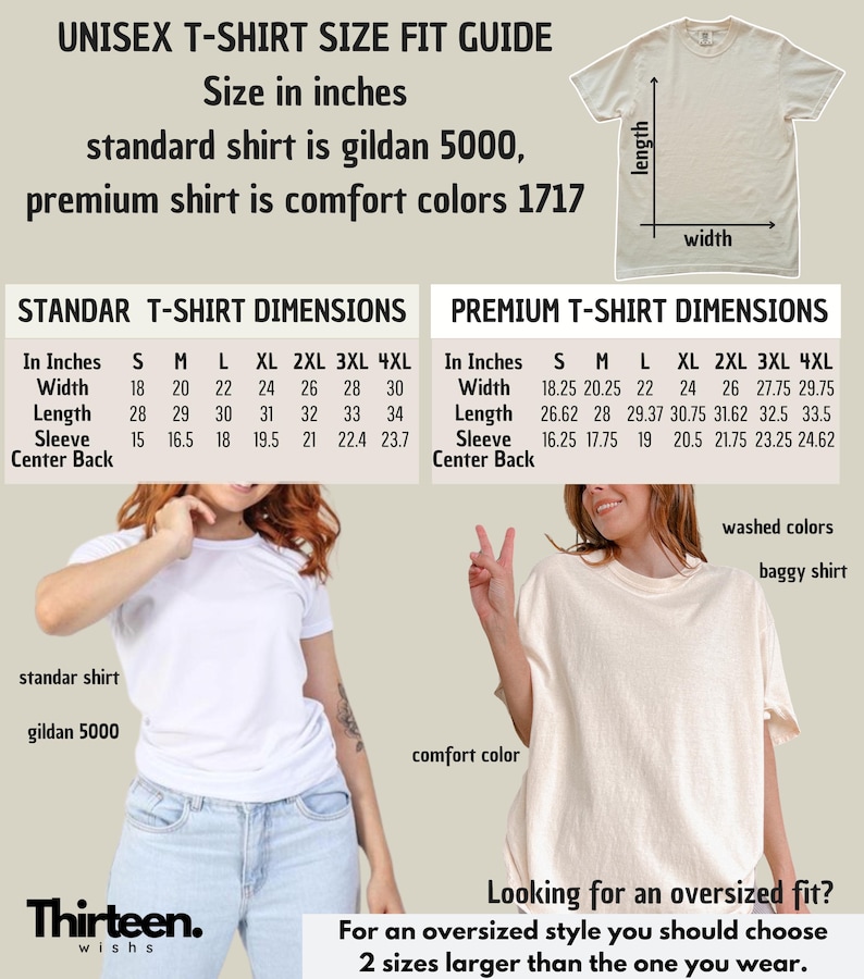 May include: Unisex t-shirt size chart in inches for Gildan 5000 and Comfort Colors 1717 brands. The chart shows width, length, sleeve length, and center back measurements for sizes S through 4XL. The chart also includes a note that for an oversized fit, choose two sizes larger than the one you wear.