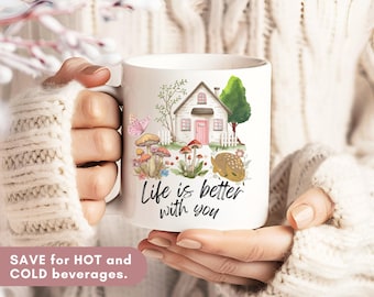 Cottagecore Coffee Mug, House and Mushrooms Design