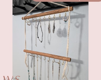 Handmade Wood Wall Necklace Holder, Rustic Jewelry Organizer with Hooks