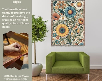 Vintage Sunflower Woven Blanket, Boho Floral Throw, Farmhouse Decor