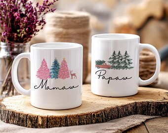 Grandparent Mugs Set, Christmas Trees, Pregnancy Reveal Gift