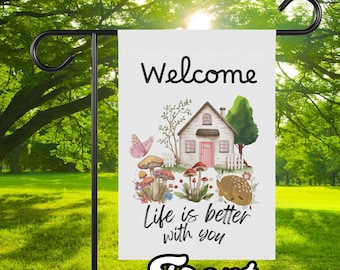 Cottagecore Welcome Garden Flag, Housewarming Yard Decoration