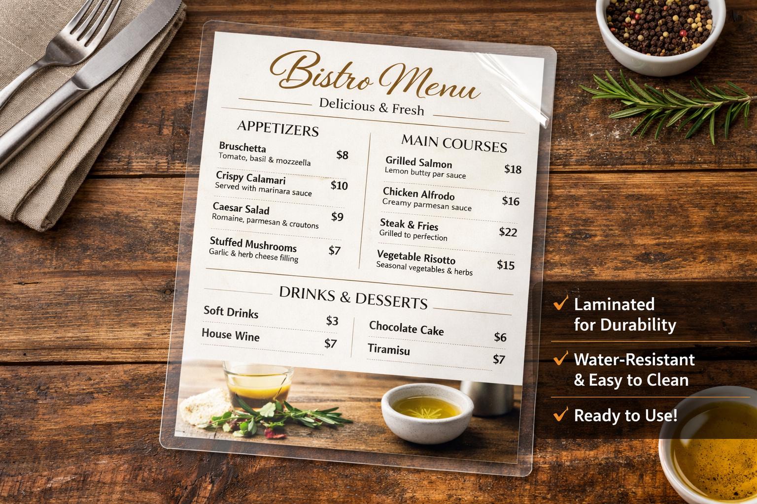 Laminated Printable Menu, Signs, Full Color, Printable Menus, Custom ...