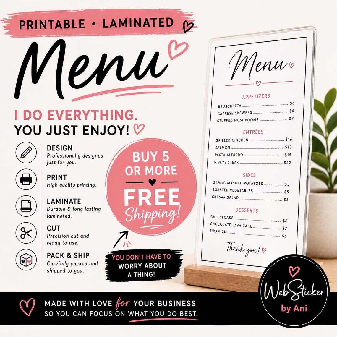 Laminated Printable Menu, Signs, Full Color, Printable Menus, Custom ...