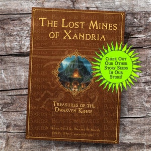 May include: A brown book titled "The Lost Mines of Xandria" with gold lettering and a circular illustration of a mountain scene. A green sunburst-shaped sticker says "Check out our other story seeds in our store!"