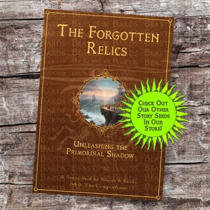 May include: A book titled "The Forgotten Relics" with a brown cover and gold lettering. The cover features an illustration of a coastal landscape within a decorative frame. A green sticker says "Check Out Our Other Story Seeds In Our Store!"