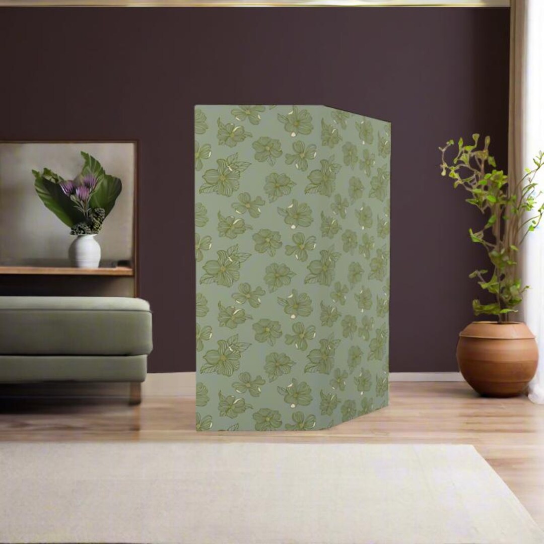 Room Divider Folding Screen Dogwood Blossoms Sage Green Floral Double ...