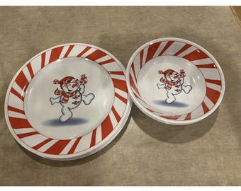 Vintage Peppermint Snowman Dinner Plate & Bowl Set - 4 each - Christmas