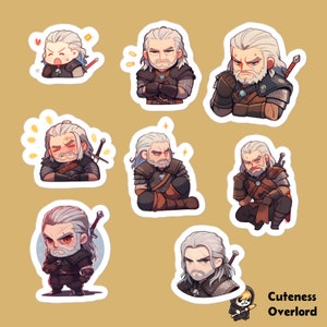 May include: A set of nine stickers featuring a cartoon character with white hair and a beard. The character is wearing a brown leather jacket and pants. The stickers are in various poses and expressions, including smiling, frowning, and thinking. The stickers are on a light brown background.