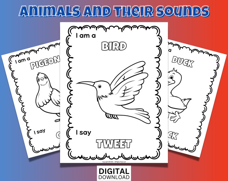 Toddlers Animal Sounds Coloring Pages Digital Printable High Quality
