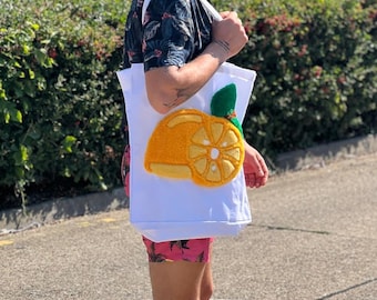 Punch needle Tote Bag, embellished tote bag, Lemon aesthetic, Orange handmade bag, canvas tote bag, custom tote bag, summer bag