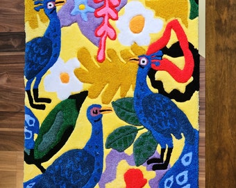 flower rug, hand made tufted floral rug, cute punch needle rug, peacock tufted rug, tropical colourful retro rug, colourful retro home decor