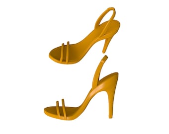 May include: A pair of mustard yellow heeled sandals with ankle straps. The sandals have a thin heel and a simple design.