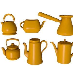 May include: Six yellow ceramic teapots of different shapes and sizes.