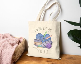 Crochet Tote Bag, Gift For Crochet Lover, Crochet Yarn Bag, Canvas Tote Bag With Crochet Yarn, I&#39;m Hooked On Crochet Tote Bag, Crochet Gift