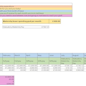 May include: A spreadsheet with a light blue, pink, and green colour scheme. The spreadsheet is titled "Maternity Leave Savings Tracker" and includes a section for monthly income, monthly expenditure, and a monthly spending goal. The spreadsheet also includes a table with a breakdown of monthly pay and savings needed for maternity leave.