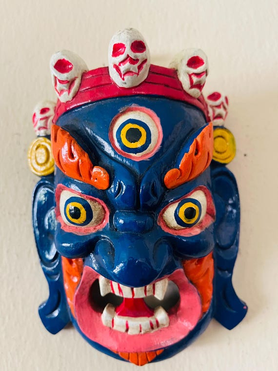 マハーカーラ 鬼面 縁起面 木彫 彫刻 お面 仮面 タマン族 魔除け　ネパール マハーカーラ お面 マハーカーラ 鬼面 縁起面 木彫 彫刻 お面 仮面