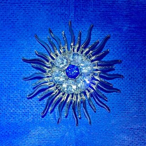 Vintage Silver tone Starburst Brooch Blue and Clear Crystals Starburst Pin Brooch