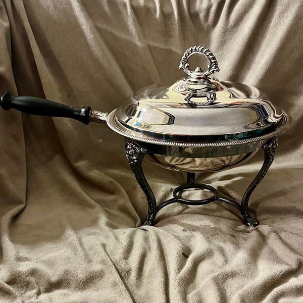 Vintage Silver Plate Chafing Dish with Stand and Oil Burner, Dish with Lid and Wooden Handle by International Silver Co.