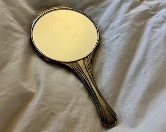 Antique Art Deco Hand Mirror, Geometric Design, 1920s Vanity Accessory