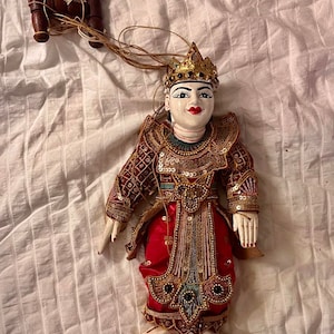 Burmese Marionette String Wooden Carved Puppet Dancer Traditional Blue Tunic Dress Gold Beads Hand Painted Jointed Articulated