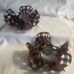 Vintage C. T. Designs Charlevoix MI Glass Crystal Candlestick Holder Red Green Plaid Design Lucite Acrylic Freeform Ruffle