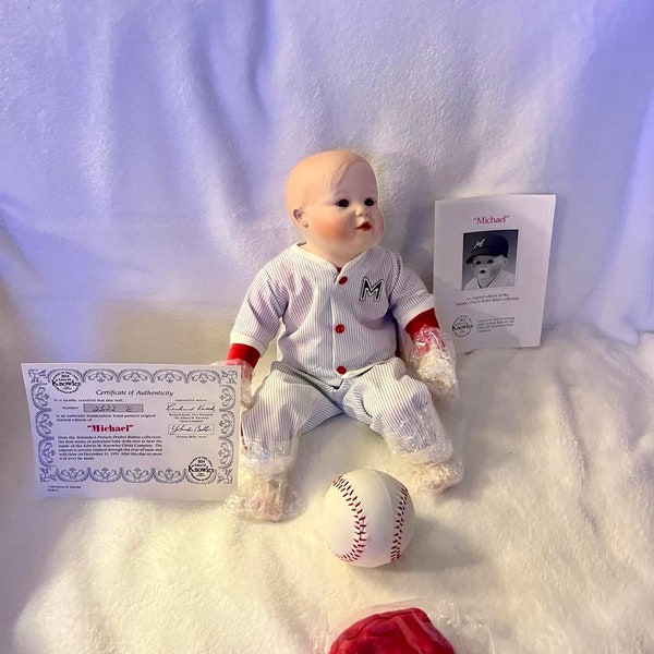 Vintage 1990 Yolanda Bello Signed Michael Baseball Boy 11" Porcelain Baby Doll Ashton Drake